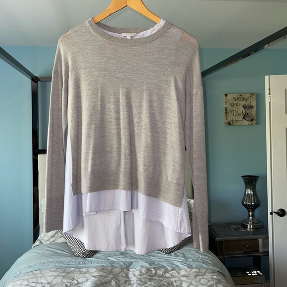 ESCADA Sport Two in One Vapour Gray Wool Sweater Blue Striped Side Split Medium - Picture 3 of 12